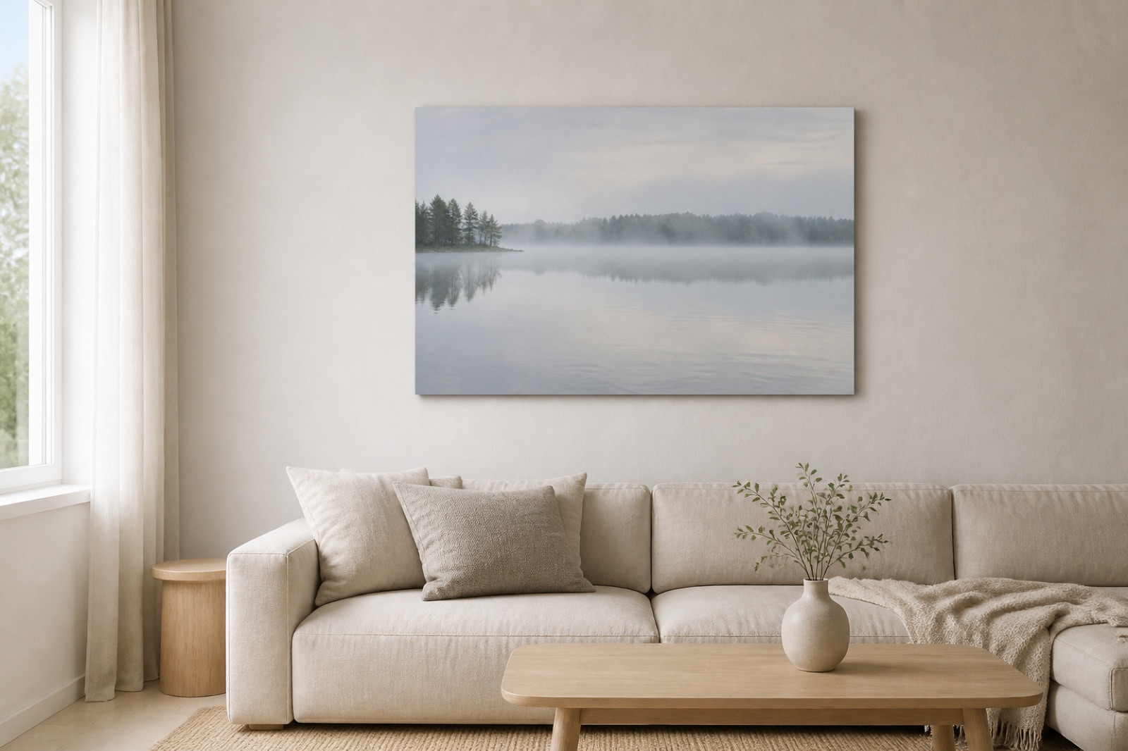 Vaalea suomalainen olohuone ja järvimaisemaa esittävä canvas-taulu