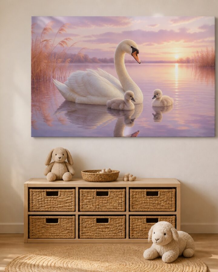 Joutsenperhe iltavedella canvas-taulu