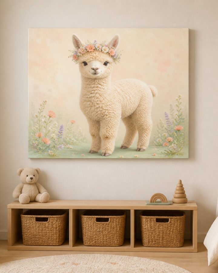 Alpakka ja kukkaseppele canvas-taulu