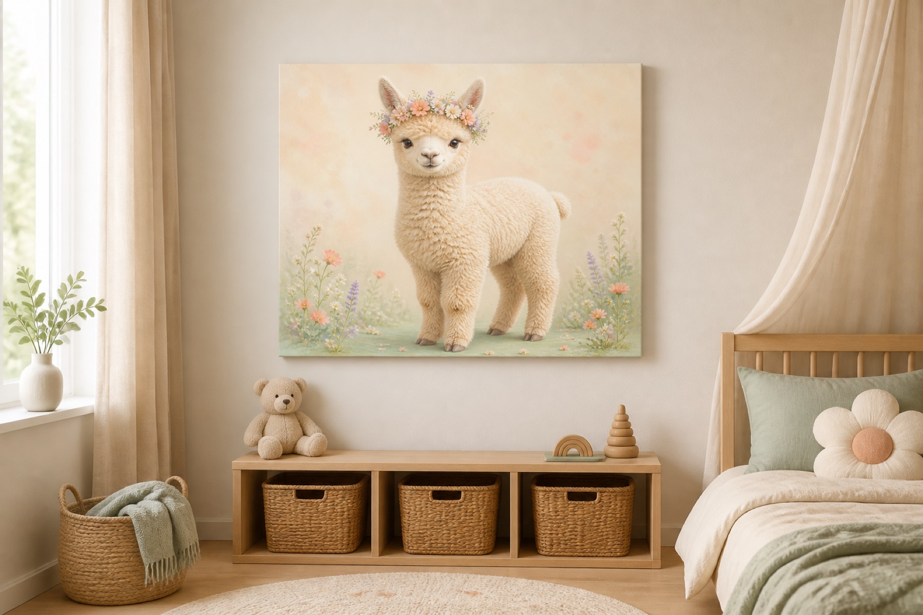Alpakka ja kukkaseppele canvas-taulu