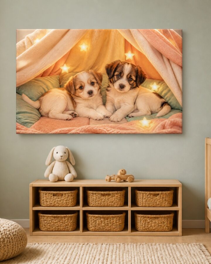Koiranpennut peittomajassa canvas-taulu