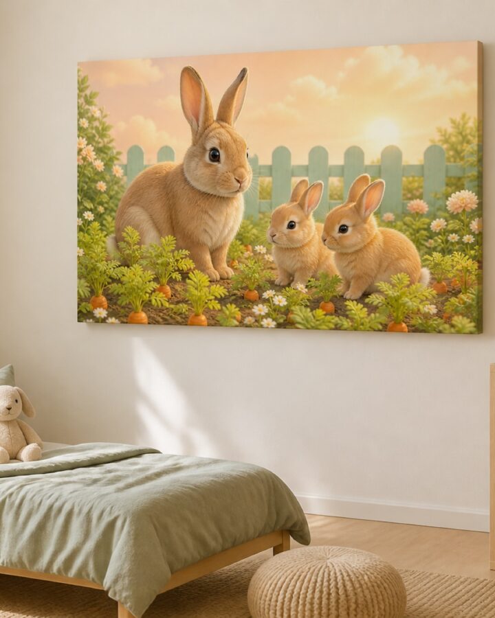 Kaniperhe porkkanapuutarhassa canvas-taulu