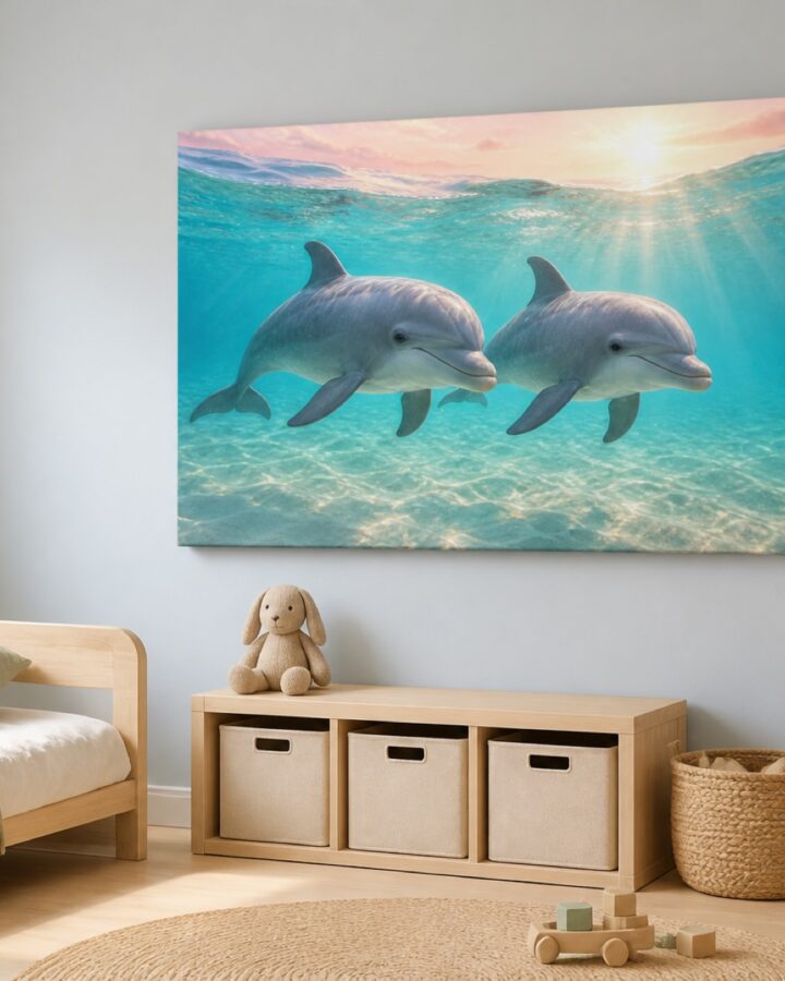 Delfiinipoikaset aamuaalloissa canvas-taulu