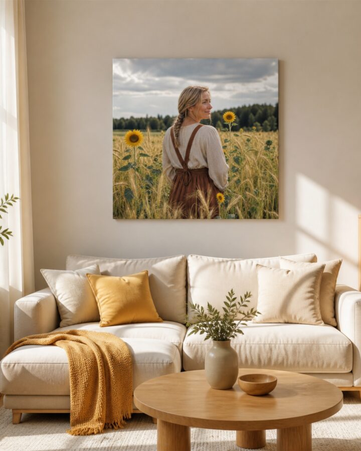 Auringonkukkien lomassa nelio canvas-taulu