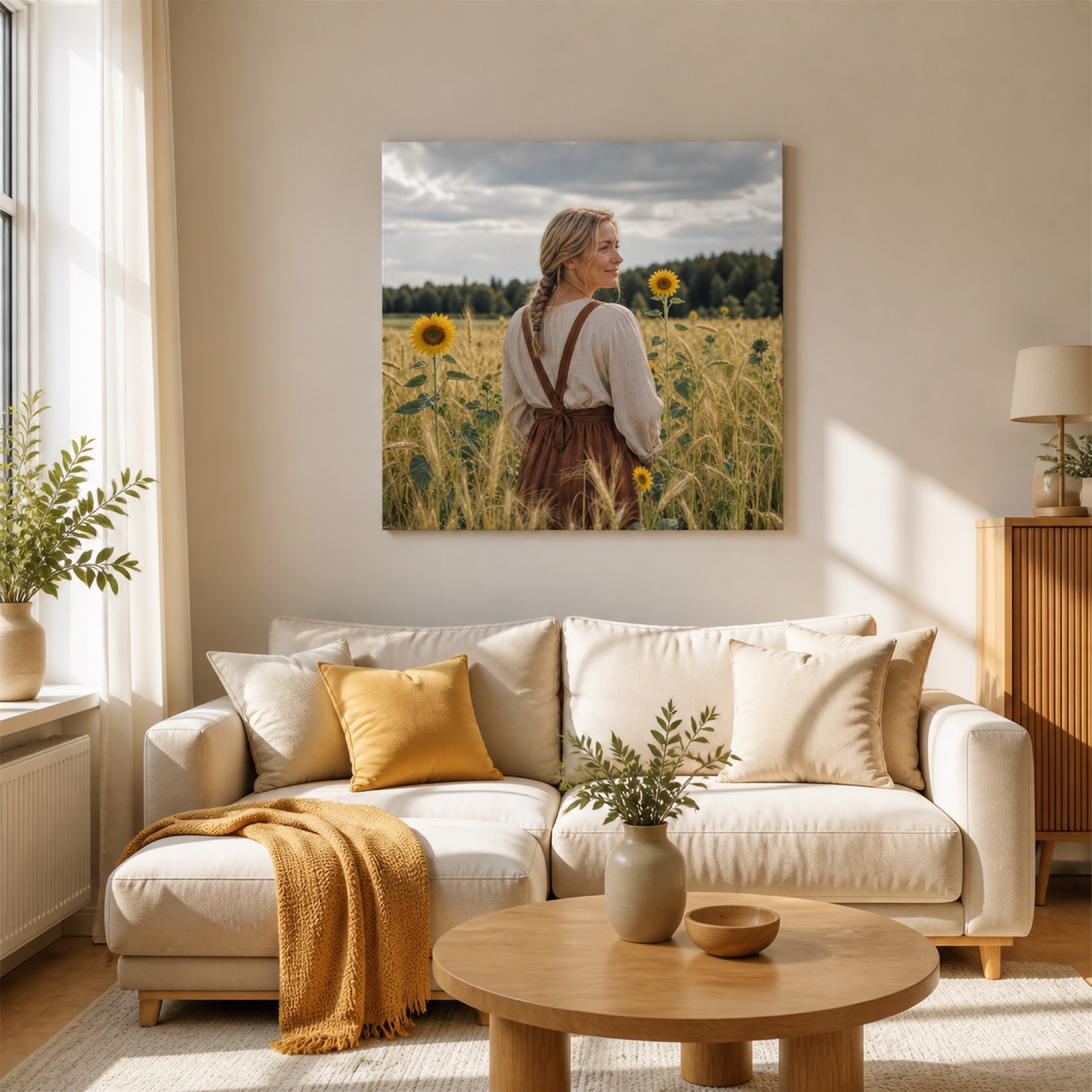 Auringonkukkien lomassa nelio canvas-taulu